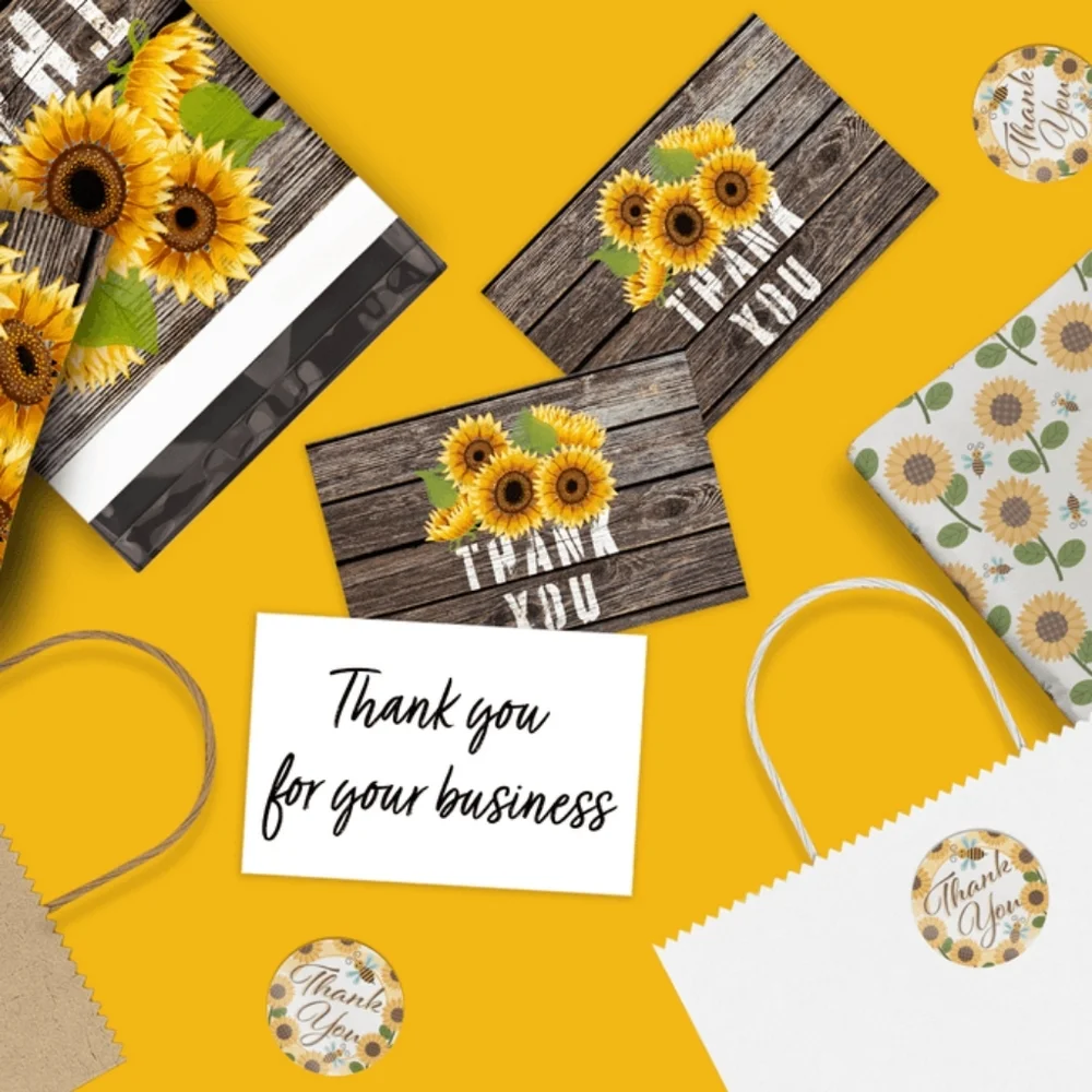 50 Pack Thank you Cards Sunflowers Insert Cards 4x6 & Stickers